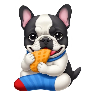 Black and white French bouledogue eating a sock sticker