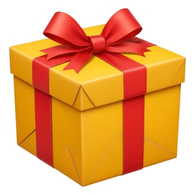 box with yellow wrapping paper and a length of red ribbon surrounding it on the bottom of the ground so you can see most of the box's cardboard sticker