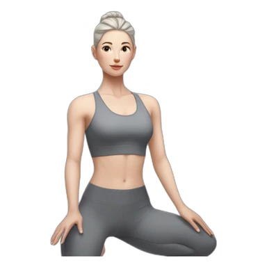 Pale skinned fit woman In a gray tight yoga suit and wristbands With black hair in a bun doing yoga sticker