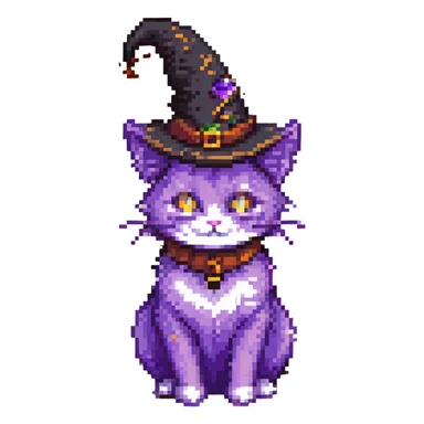 cute pixel art cat with purple fur and a witch hat sticker