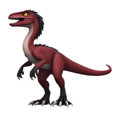 Cool edgy handsome Maroon-colored velociraptor with a black tousled mane on head and back, full body sticker