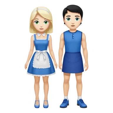 King, black hair, body, legst, blue eyes, blue garmont,  shoes, blonde maid, green eyes, sexy short sleveless White dress, shoes sticker