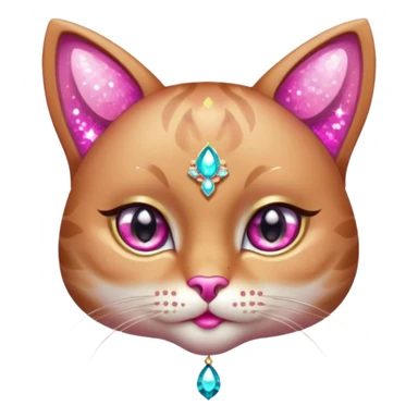 glamorous cat portrait, head and shoulders only, exaggerated pink makeup, bright eyeshadow, long eyelashes, shiny blush cheeks, sparkling face gems, glitter accents, elegant earrings, fantasy beauty style, cute 3D cartoon, mobile game icon style, clean background, no text, no watermark
 sticker