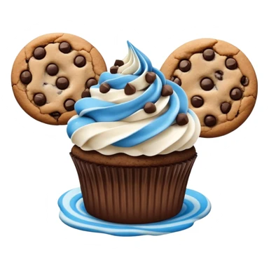 Chocolate cupcake with white and blue mixed frosting with a chocolate chip cookie on top  sticker