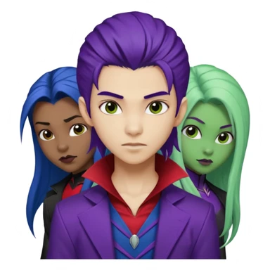 Solo poly platonic relationship, one African girl, one Asian boy, one biracial features Asian tomboy girl rat-tail hair long and upper masculine hair 90s, vampire and marvel cosplay elements inspired  use marvel race, like instead of obvious human, green purple blue etc,  sticker