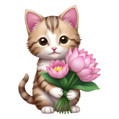 Kitten holding a bouquet of lotus flowers sticker