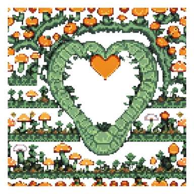 heart split in half with a mushroom motif on one side and a pumpkin motif on the other, pixel art style sticker