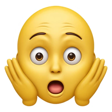 A 3D glossy yellow emoji of a shocked horrified face, with mouth and eyes are wide open, eyebrows  raised, and hands against their cheeks, face has no nose, black background, high quality, soft studio lighting sticker