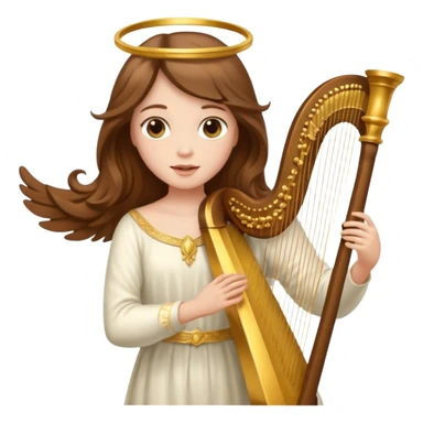 Female angel holding harp with flowing brown hair sticker