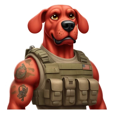 Desert storm Clifford the big red dog muscular with tattoos on arms book illustration humanoid as a military call of duty character standing alone sticker
