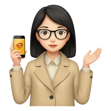 asian young woman black-haired in beige coat with glasses sticker