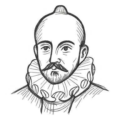 a hand drawn black outline portrait of philosopher Montaigne with similar-sized eyes based a famous portrait of him sticker