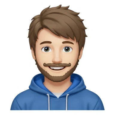 20 year old man, short scruffy beard and thin moustache, brown puffy mullet, blue eyes, big smile, white teeth, big lips, pronounced jaw, hair longer in back, sticking up on top, thin face, grey hooded sweatshirt, pale skin, big smile, blue eyes, puffy hair that is long in back sticker