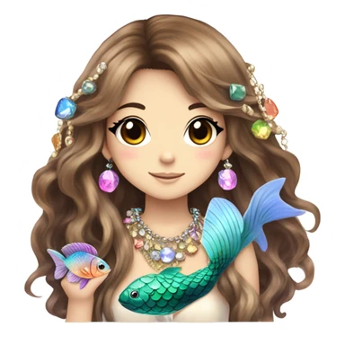 mermaid hime gyaru girl with fish scales, brown hair, jewerly sticker