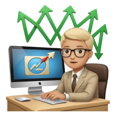 A person sitting at a desk working and looking at a computer with upward arrows and percentage signs, suggesting digital sales, marketing, or outreach. sticker