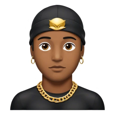 Brown skin man with black swim cap on wearing a gold chain necklace and a black shirt sticker