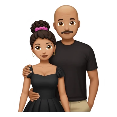 A picture of a tanned couple with the man's arm around her. the man is a Mexican man with tanned skin, a bald hair cut, short beard and wearing a black shirt. the woman is mixed, with curly dark brown hair in a big bun and with big boobs  sticker