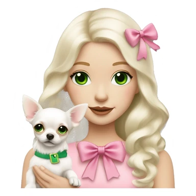 pale blond girl with wavy long platinum white hair with bright green eyes holding a white chihuahua that wearing a pink bow sticker