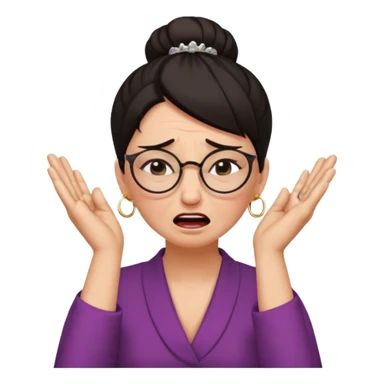  middle aged woman with dark hair pulled up in a high bun, wearing round ring earrings and glasses with a very painful expression on her face, eyes squeeed shut, wincing in pain,covering her ears with her hands, trying to not hear a terrible singer who is too loud and out of tune.  sticker