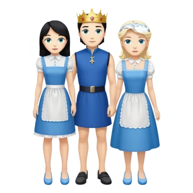 King, black hair, body, legst, blue eyes, blue garmont,  shoes, maid blonde hair, green eyes, sexy short sleveless White dress, shoes sticker