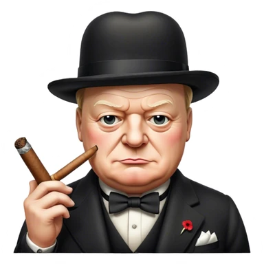 Cinematic Realistic Winston Churchill Portrait Emoji, depicted as a resolute British statesman with a signature bowler hat and a cigar, exuding determined leadership and wartime valor, rendered with lifelike textures and dramatic vintage lighting that captures his iconic British spirit. sticker