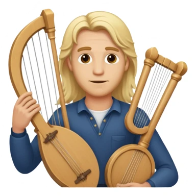 Man with long blonde hair confident  holding a lyre sticker