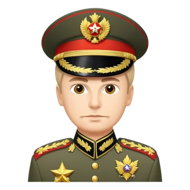 Russian military general in formal uniform with medals, epaulettes, and military hat sticker
