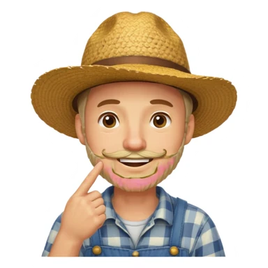 “A single emoji-style character combining 👨‍🌾😄 and 🤔: a smiling farmer man with a straw hat, friendly face, and light beard, holding one hand under his chin in a thinking gesture. His index finger rests under his face, eyes looking slightly upward as if thinking.  sticker