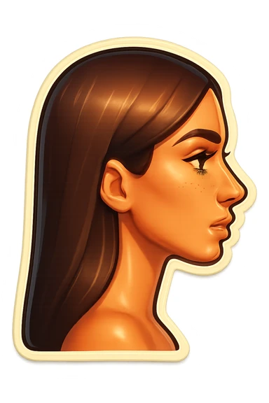 Create a side view (profile) of this woman's head, matching the same cartoon emoji style of the reference image, with long dark hair and similar facial features. Variant 1. sticker