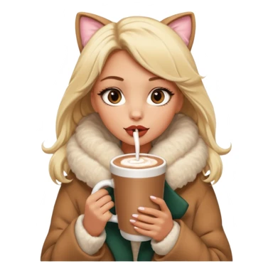 Tanned Girl with lashes , blonde hair, in an extremely big fluffy oversized coat and hold hot chocolate drink and big cat eyes, big lip sticker