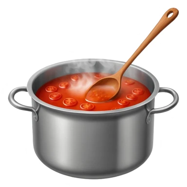 Big cauldron of tomato sauce being cooked in a tall stainless steel pot with a massive wooden spoon   sticker