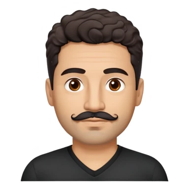 Hispanic man in his 40s with light cinnamon skin. Structured face with defined jawline. Calm brown eyes. Natural thick eyebrows. Connected mustache and chin beard (goatee) in black with a few gray hairs. Short curly dark hair. Wearing a black V-neck t-shirt. sticker