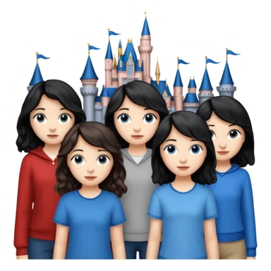 Castillo de Disney y por detrás o delante pon a quatro chicas: una con el pelo largo rizado marrón , otra con el pelo muy corto negro, como un chico, otra con el pelo mediano liso marrón con ojos azulesy otra con el pelo negro largo liso . Todos son color carne.  sticker