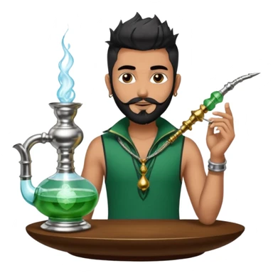 Brass hookah with green design on a glass water base on the top; with two smoke pipes where people are holding them and smoking - one white guy with spikes (silver and black hair) and another Tamil handsome with little beard Indian guy sticker