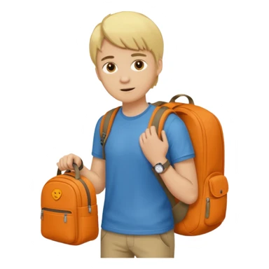 Un jeune homme blond qui regarde sa montre orange et un sac à dos en forme de terre  sticker