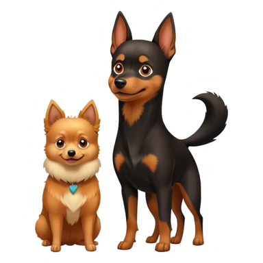 Doberman Pinscher and Pomeranian Spitz standing side by side. The Doberman has a sleek black and tan coat with alert ears, while the Pomeranian has a fluffy orange coat and a joyful expression. Beautiful natural background, with a clear blue sky and green grass. Transparent background. sticker