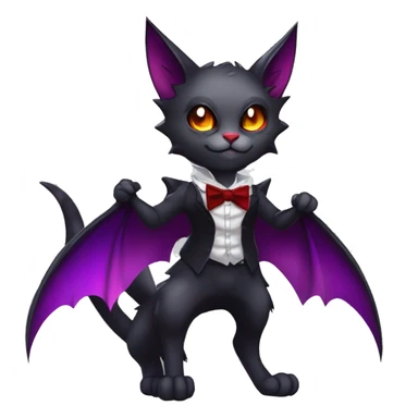 Cute-Evil-Vampiric-Batty-Cat-Black-Purple-Red-Grey-White-Yellow-Contrast-Colors-Fantasy-Fur-Sona-Chibi-Shiny-Fakémon-Hybrid with horns and big fangs neck bow tie leg spats full body sticker