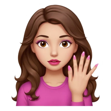 girl with long wavy brown hair, brown eyes, light to medium complexion, in a pink shirt, pink lips, long lashes, puckered lips,  showing  long finger nails sticker