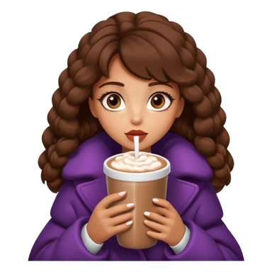 Tanned Girl with lashes , brown hair, in an extremely big fluffy oversized coat and hold hot chocolate drink and big eyes, big lip sticker