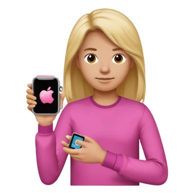 gender neutral person wearing a pink long sleeve shirt, loose hair, wearing a watch on the arm, holding a cellphone in hand, apple emoji style sticker