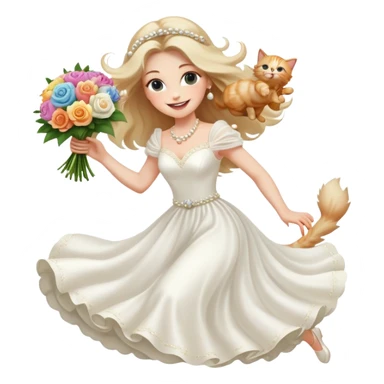 White woman - long hair - white wedding dress - holding a kitten - happy - jumping - fashionable - elegant - bouquet - dreamy - colorful - pearl accessories sticker