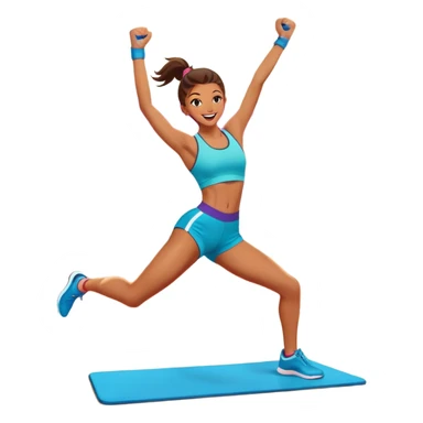 An energetic person performing an aerobics workout in a brightly lit gym, jumping and stretching with enthusiasm. The scene includes vibrant fitness equipment like dumbbells and exercise mats, with a background of cheerful, motivating colors, conveying energy and movement. sticker
