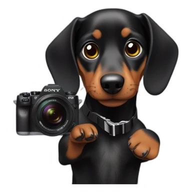 a black dachshund dog holds a SONY camera in its paws sticker