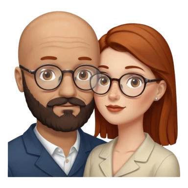 Couple. Bald man with dark brown-black beard. White woman with many small, faded freckles, she has white skin and she has auburn-brown-cinnamon, dark long hair. She has light brown eyes. The man have hazel eyes and glass. She have light eyes. Retro style. She kisses him. sticker