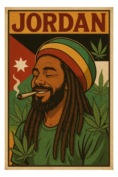 A digital vintage-style poster illustration of a Jordanian Rasta man with dreadlocks, wearing a red, yellow, green striped tam hat. He is smiling peacefully with a lit herbal spliff in his mouth. The background features the official Jordan flag — black, white, green horizontal stripes with a red triangle and a white 7-point star — accurately displayed behind him. Cannabis leaves are tastefully arranged around the composition, and the poster includes Rasta color textures blended with the Jordanian palette. Use a retro poster style with warm, slightly aged textures, bold outlines, and soft shading to evoke a soulful reggae vibe that honors both Jordanian pride and Rasta spirit. The mood is chill, powerful, and respectful sticker