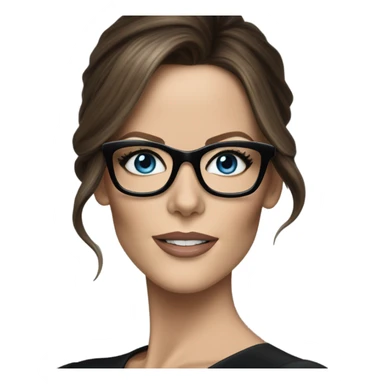 Hyper Realistic photo Kate Beckinsale blue eyes wearing glasses in a business meeting black dress sticker