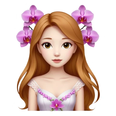 Asian girl with long golden brown hair white skin makeup natural with orchid white/pink only on her left ear, her dress is white  coquette  sticker