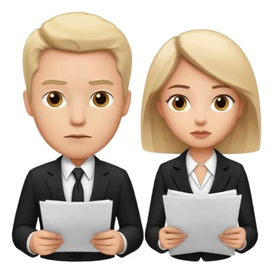 man in formal suit talking to woman in formal suit, they sit, papers in hands sticker