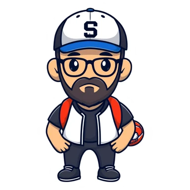 adventurer with small beard, glasses and backwards baseball cap sticker