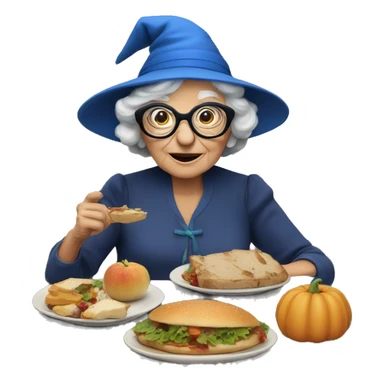 smart granny witch with glasses and blue hat lunching with friends sticker